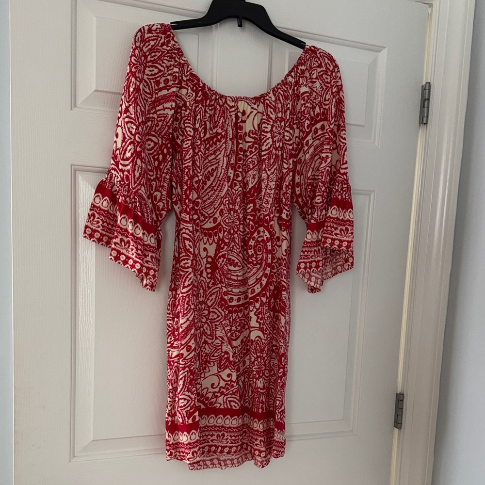 Umgee Red and White Paisley Off-Shoulder Mini Dress